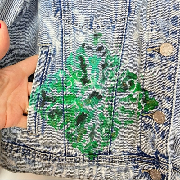 Handmade Jean Jacket Womens Small Denim Floral Mandala Blue Green Gold Upcycled - Picture 7 of 14